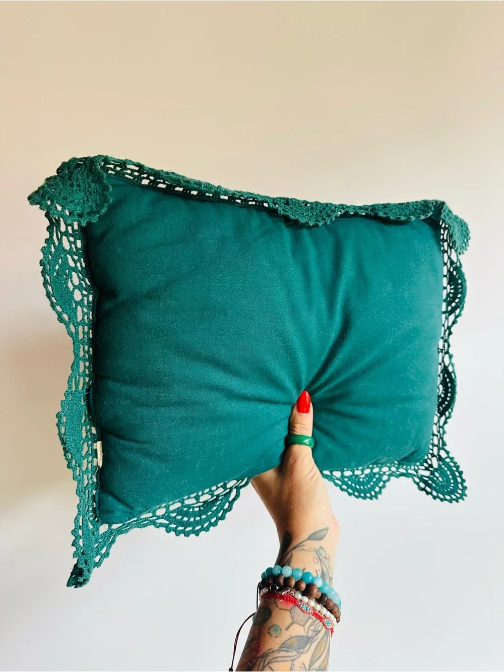 Vintage Emerald Green Crochet Lace Decorative Accent Pillow Cushion 18x15 Boho